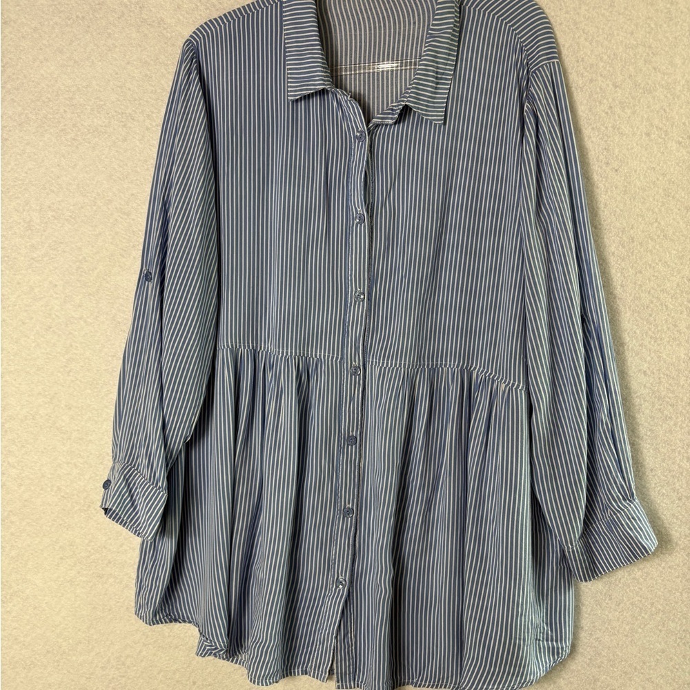 Solitaire Blue and White Striped Peplum Button-Up Tunic